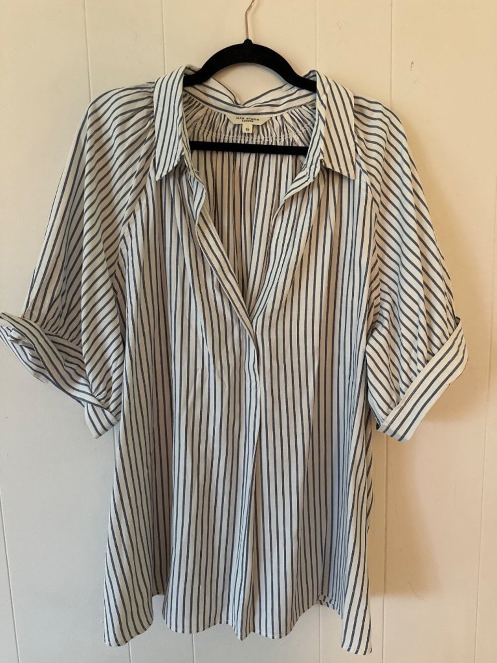 Max Studio London 3X White & Navy Striped Blouse With Roll Tab Sleeves